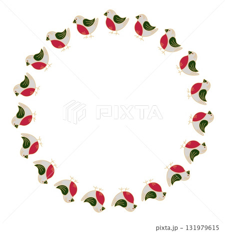 Christmas wreath with red and green birds, decorative border doodle style isolated on white background 131979615