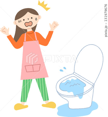 トイレの水が溢れて困る女性 131979676
