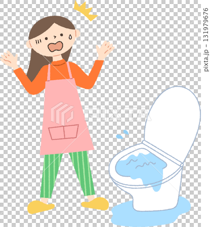 A woman in trouble because her toilet is overflowing 131979676
