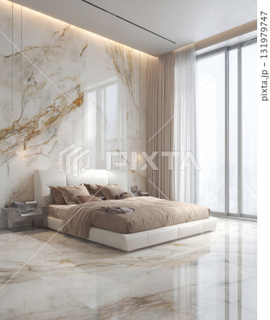 bedroom showcases unmatched luxury with its polished gold-veined marble wall, matching floor. Low-profile white leather bed with earthy-toned bedding sits before massive windows offering dramatic view bedroom showcases unmatched luxury with its polished gold-veined marble wall, matching floor. Low-profile white leather bed with earthy-toned bedding sits before massive windows offering dramatic view 131979747