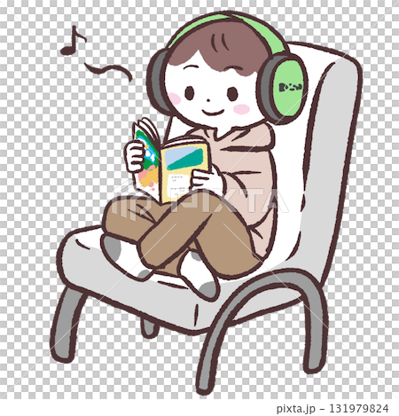 Illustration of a person sitting in a chair and reading a book while listening to music 131979824