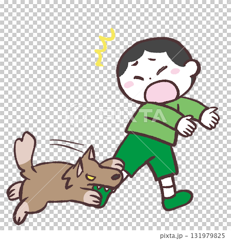 Illustration of a boy being bitten by a dog Illustration of a boy being bitten by a dog 131979825