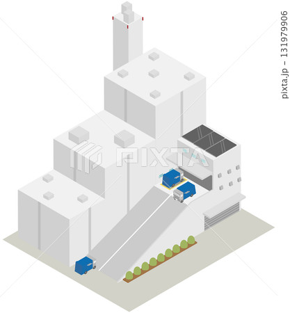 【アイソメトリック】都市のごみ処理施設（清掃工場）のイラスト(巨大煙突とインフラ設備) 131979906