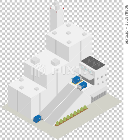 【アイソメトリック】都市のごみ処理施設（清掃工場）のイラスト(巨大煙突とインフラ設備) 131979906