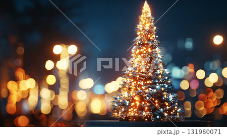 夜の街に灯るクリスマスツリーのイルミネーション 131980071