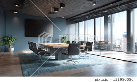 Modern and sleek executive conference room featuring a panoramic glass wall with a spectacular city skyline view. The space is furnished with a large wooden table, black leather chairs 131980086