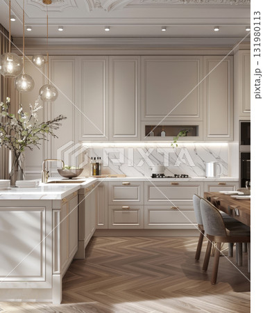 Luxurious, neoclassical kitchen interior in soft beige and cream. Features shaker cabinets, white marble backsplash and countertops, herringbone wood floor, and modern brass pendant lights 131980113