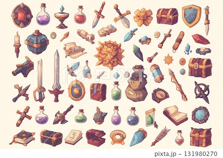 ファンタジーRPGの武器とアイテムのアイコンセット(剣・盾・ポーション・魔法) ファンタジーRPGの武器とアイテムのアイコンセット(剣・盾・ポーション・魔法) 131980270