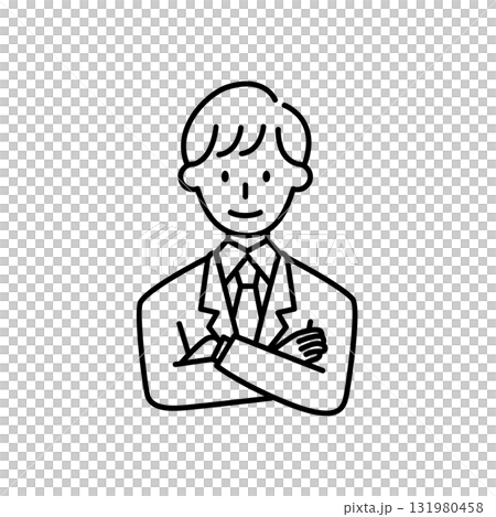 一位身穿西裝、雙臂交叉的男子的線條畫，擺著商務、商人的姿勢 131980458