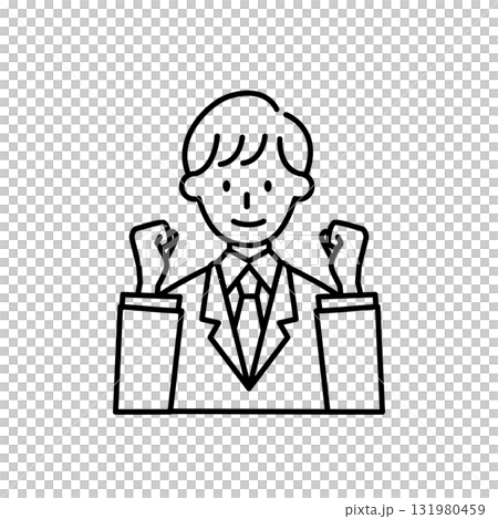 Line drawing of a man in a suit, fist pump, cheering, business, businessman Line drawing of a man in a suit, fist pump, cheering, business, businessman 131980459
