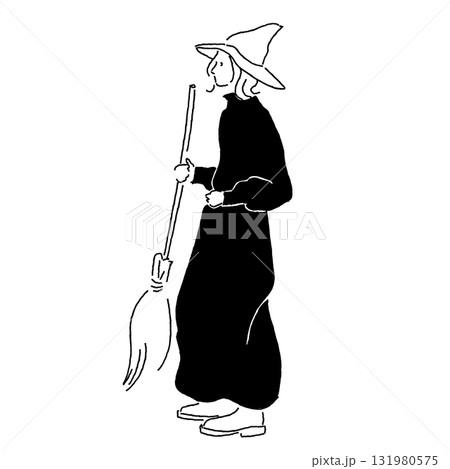 魔女の仮装をした女性の線画イラスト（モノクロ・ハロウィン） 131980575