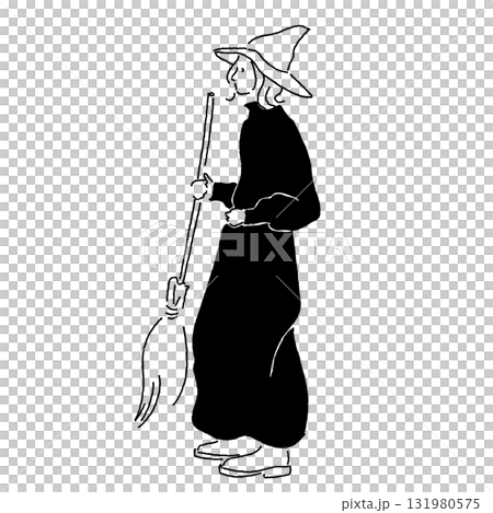 女巫裝扮的女人的線條畫(單色,萬聖節) 女巫裝扮的女人的線條畫(單色,萬聖節) 131980575