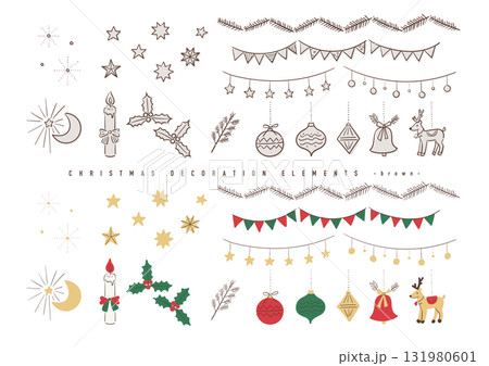 手描き風かわいいクリスマス素材セット（デコレーション／茶ライン・白背景） 131980601