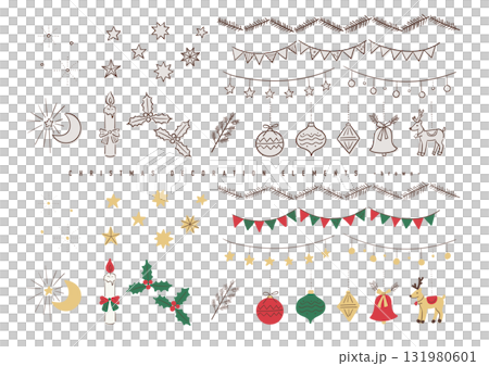 手描き風かわいいクリスマス素材セット（デコレーション／茶ライン・白背景） 131980601