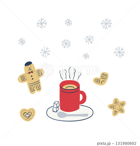 手描き風ホットドリンクとジンジャークッキーのイラスト 手描き風ホットドリンクとジンジャークッキーのイラスト 131980602