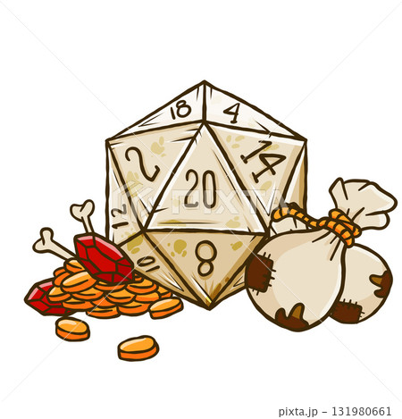 D20 dnd dice with gold coin and money bag. Fantasy role play icon. Tabletop strategy sticker D20 dnd dice with gold coin and money bag. Fantasy role play icon. Tabletop strategy sticker 131980661