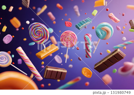 カラフルなキャンディとお菓子が宙に舞う楽しいスイーツイラスト カラフルなキャンディとお菓子が宙に舞う楽しいスイーツイラスト 131980749