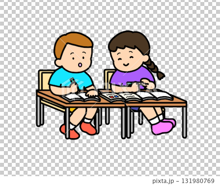 A pair of brown-haired Asians looking at a textbook A pair of brown-haired Asians looking at a textbook 131980769