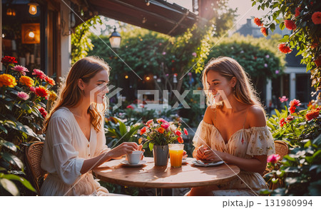 Small patio with a bench and a few potted plants. The patio is lit up with lights, creating a cozy and inviting atmosphere 131980994