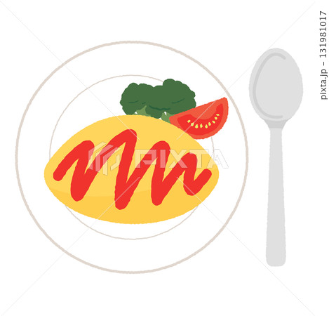 オムライスとトマトケチャップのかわいいイラスト。 131981017