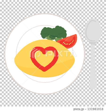 煎蛋飯和心形番茄醬的可愛插圖。 131981018