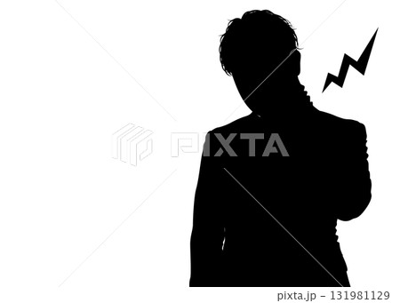 首こり 首を手で押さえている男性のシルエット 上半身正面のイラスト 131981129