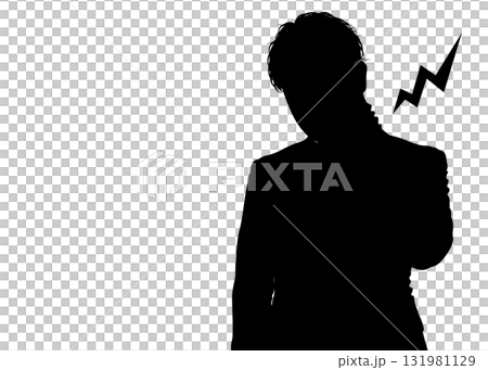 首こり 首を手で押さえている男性のシルエット 上半身正面のイラスト 131981129