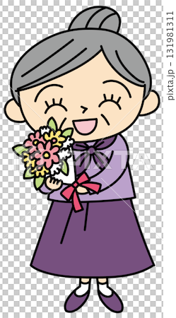 Vector illustration of a smiling grandmother holding a bouquet of flowers with a cute touch Vector illustration of a smiling grandmother holding a bouquet of flowers with a cute touch 131981311
