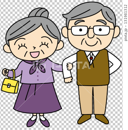 Cute vector illustration of an elderly couple with arms folded and smiling Cute vector illustration of an elderly couple with arms folded and smiling 131981312
