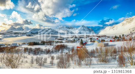 Amazing winter scenery over Bostad village and Torvdalshalsen lake seen from Torvdalshalsen. 131981368