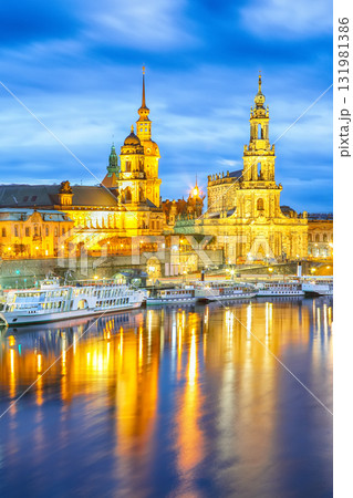 Amazing Sunset in Dresden on Elbe river with Cathedral of the Holy Trinity and Bruehl's Terrace. Amazing Sunset in Dresden on Elbe river with Cathedral of the Holy Trinity and Bruehl's Terrace. 131981386