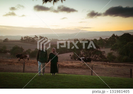 Couple at sunset holding hands in a peaceful rural setting with cows Couple at sunset holding hands in a peaceful rural setting with cows 131981405
