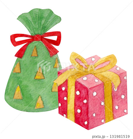 カラフルなクリスマスプレゼントラッピングセットの水彩イラスト 131981519