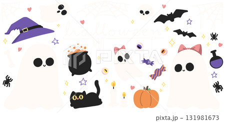 Cute Halloween Elements Set Vol.1 - Little Ghost, Pumpkin, Witch Hat, Candy, Bat, Spiderweb, Potion, Black Cat, Candle, Skull, Cauldron Cute Halloween Elements Set Vol.1 - Little Ghost, Pumpkin, Witch Hat, Candy, Bat, Spiderweb, Potion, Black Cat, Candle, Skull, Cauldron 131981673