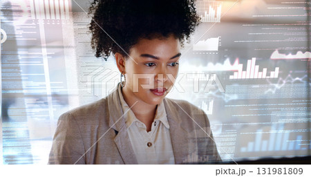 Business woman, digital overlay and data analytics for social media marketing, web 3.0 strategy and website statistics. Professional african analyst with graphs, charts and target audience research 131981809