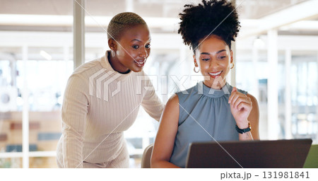 Women, laptop and corporate lawyer teamwork, research at desk for legal project and online analysis at office. Attorney with tech, collaboration and plan strategy for court with review at law firm 131981841