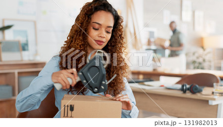 Logistic, box tape machine and woman packaging ecommerce product, package stock or shipping distribution process. Supply chain service, startup supplier and small business owner on dropshipping trade 131982013
