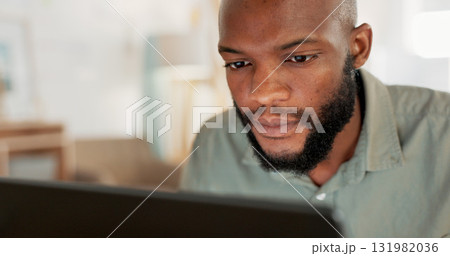 Business, ideas and black man with a laptop, thinking and typing with solution, problem solving and network. African person, startup and consultant with a pc, website info and internet with research 131982036
