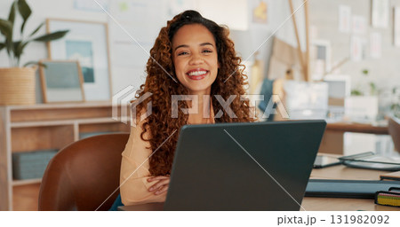 Woman, laptop and home office in smile, portrait and digital in technology. Happy person, working and startup for business, computer and creative for pride, professional and entrepreneur for career Woman, laptop and home office in smile, portrait and digital in technology. Happy person, working and startup for business, computer and creative for pride, professional and entrepreneur for career 131982092