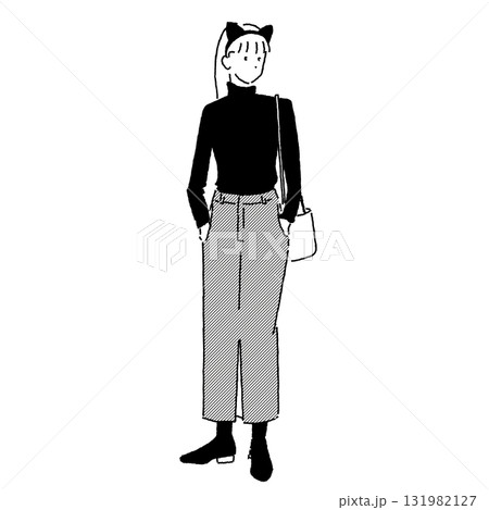 黒猫カチューシャをつけた女性の線画イラスト（モノクロ・ゆる仮装） 131982127