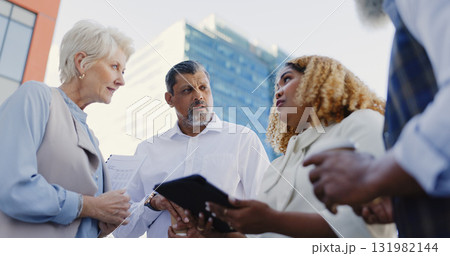 Tablet, meeting and team of business people on a rooftop of building in the city for planning. Technology, discussion and professional lawyers with legal document for case on office balcony in town. Tablet, meeting and team of business people on a rooftop of building in the city for planning. Technology, discussion and professional lawyers with legal document for case on office balcony in town. 131982144