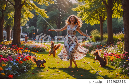 Tropical scene with a waterfall and a pond. The waterfall is surrounded by colorful flowers and palm trees. Scene is peaceful and serene, with the water and plants creating a calming atmosphere 131982218