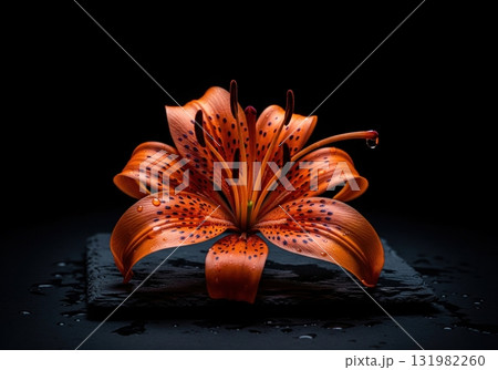 Beautiful single orange tiger lily flower with water drops on a wet slate stone in the dark 131982260