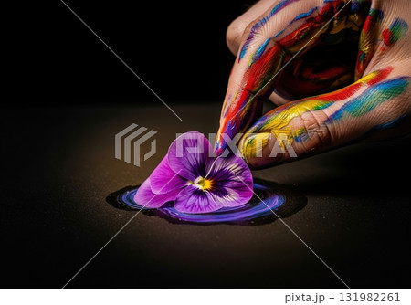 Artist's hand covered in paint gently placing a purple pansy flower on a wet paint stroke 131982261