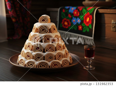 Traditional Moldovan dessert Guguta's Hat a pyramid cake made of sweet pancake rolls 131982353