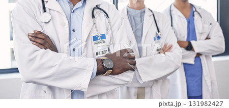 Teamwork, arms crossed and medical with hands of doctors for medicine, leadership or professional. Wellness, healthcare and trust with group of people in hospital for expert, confidence or consulting 131982427