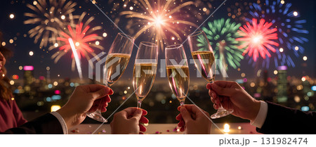 New Year Celebration With Champagne And Fireworks 131982474
