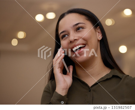 Happy phone call, communication or woman in office for conversation, discussion and talking at night. Smile, good news or employee girl on smartphone for speaking, networking and mobile chatting 131982507