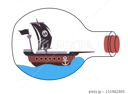 pirate ship sailing on blue waves inside clear bottle graphic sail with skull and crossbones flag themes of adventure freedom exploration on high seas 131982805