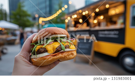Close-up of a gourmet burger with melted cheese, fresh greens, Close-up of a gourmet burger with melted cheese, fresh greens, 131983001